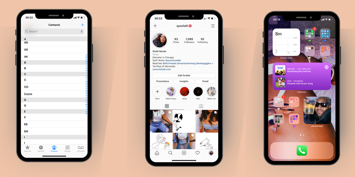 A collage of three iPhone screens, side-by-side, against a pastel Orange background. Everything feels neat, serene, and calm.