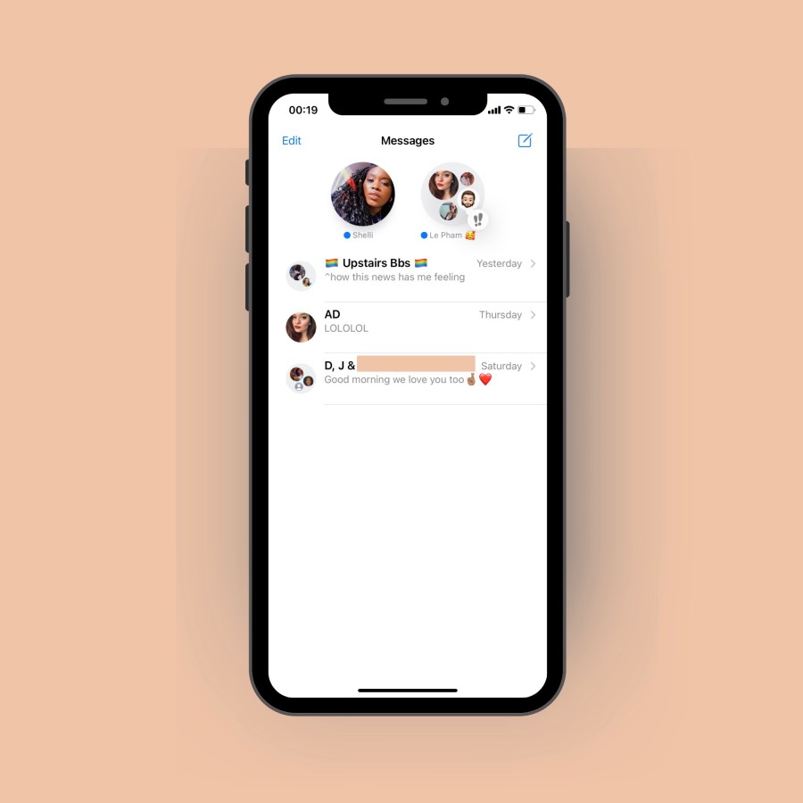 I screenshot of an iPhone text message screen. There are only three messages total on the whole phone. It's set against a pastel Orange background.