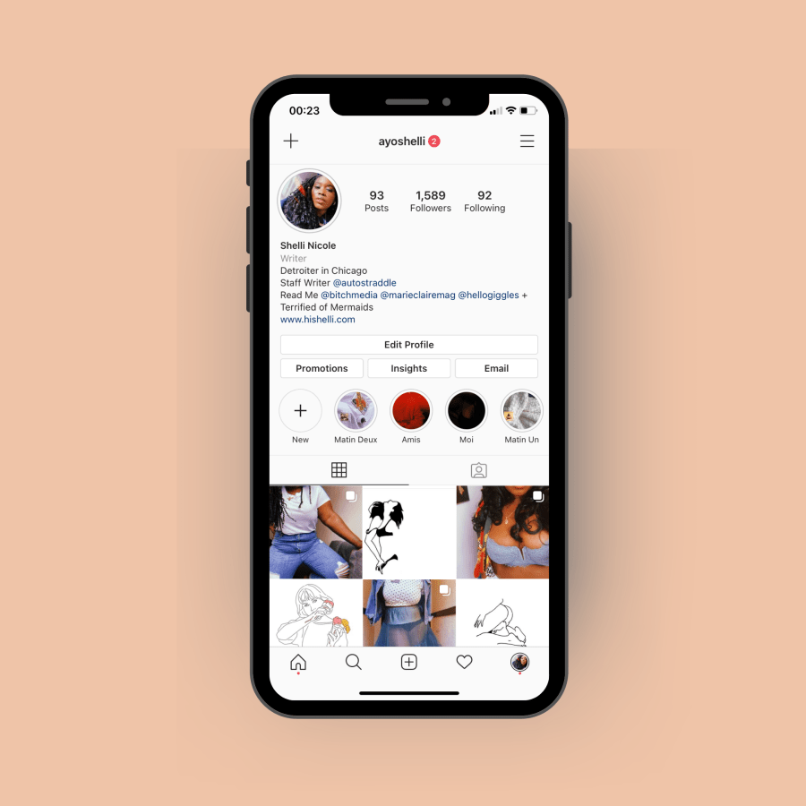 A screenshot of an Instagram page on an iPhone. In it the posts are color coded to make a neat, patchwork pattern. It's set against a pastel Orange background. 