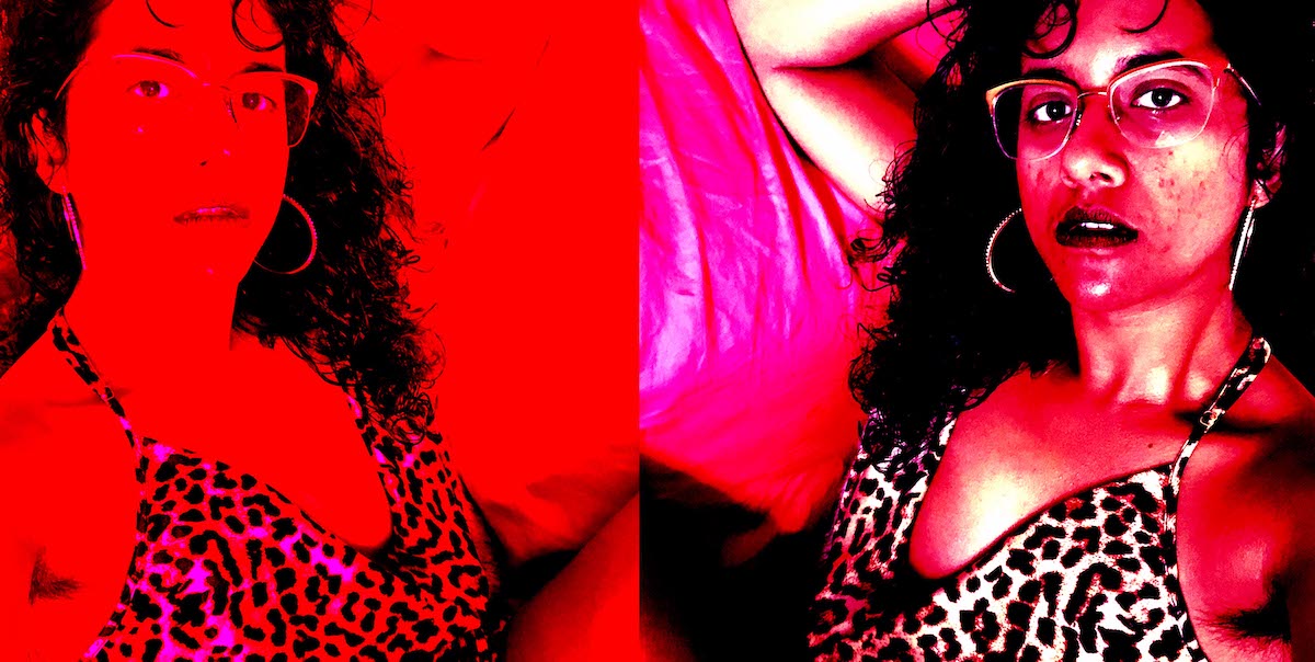a double-image graphic that's cut in half with a red filter over it, so everything is bathed in a red light. on the left side, in negative, the top half of a brown, scorpio femme (the author!) poses in a leopard print slip. she's wearing hoop earrings, has a slightly parted mouth, round glasses frames and has loosely curled hair down to their shoulders. the other side of the image is in positive and shows a mirror image with more detail on the author's face.