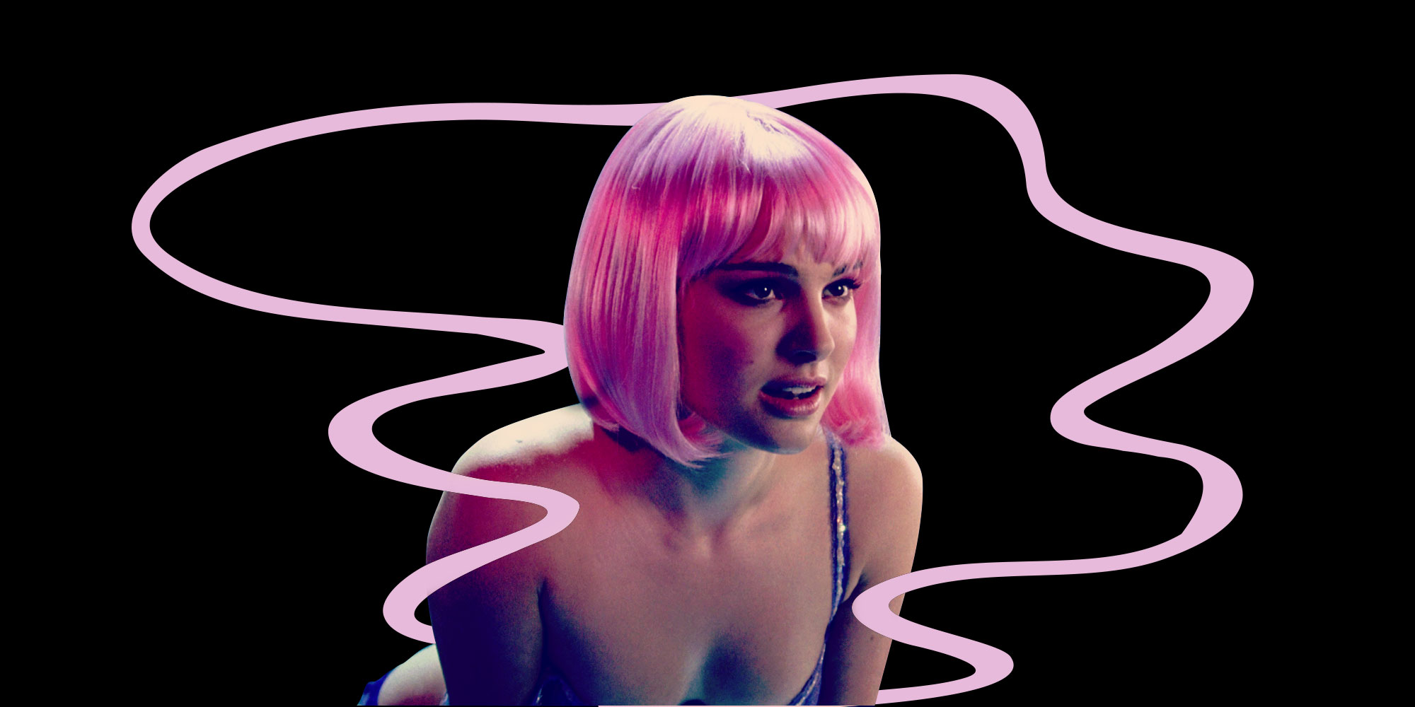 A woman in a pink wig, leaning forward against a black background with a pink graphic element winding through