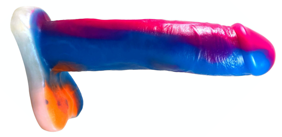 a blue/pink/orange tie-dye-esque realistic dildo with a balls-shaped base