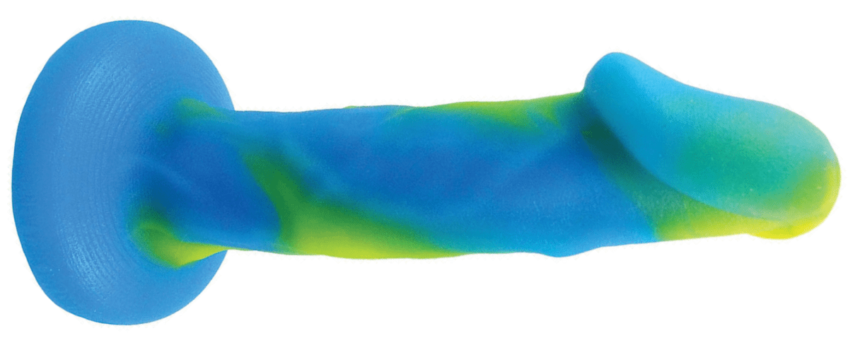 a semi-realistic blue/yellow/green dildo