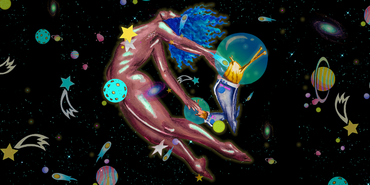 a woman's body floats chest first into a swirl of stars, dust and plants. her head is thrust back and her hands are held behind her by slugs dressed as astronauts.