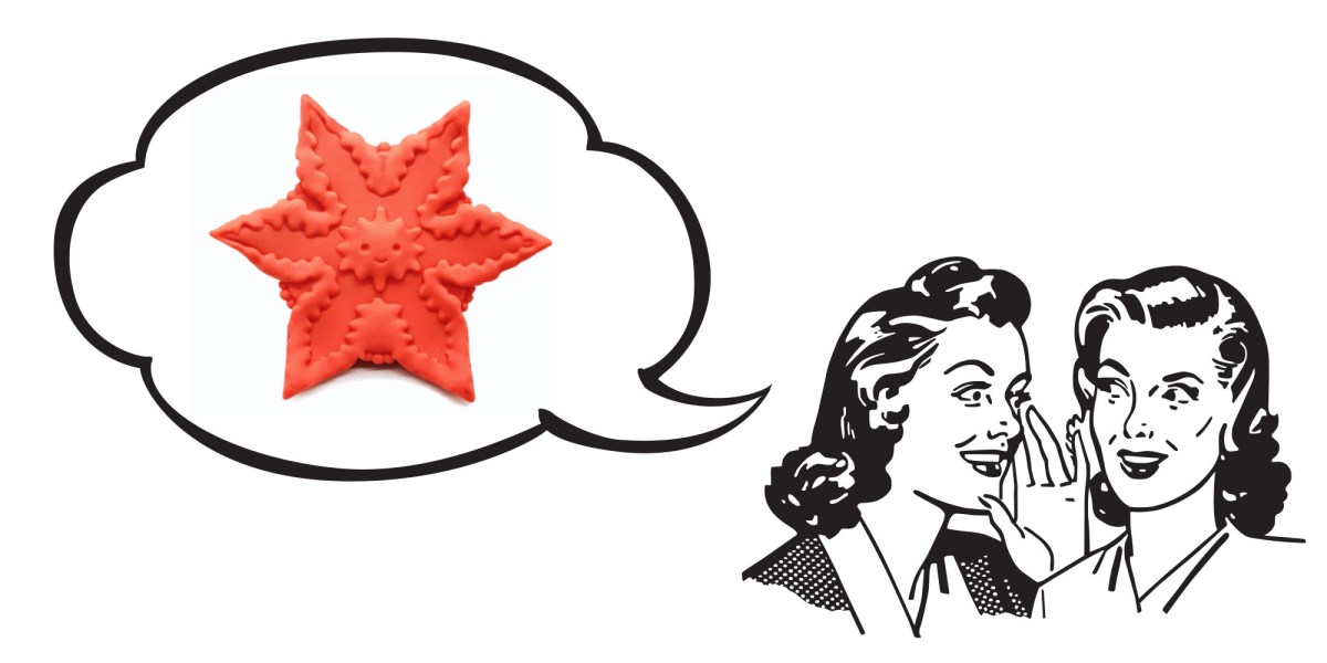 A black and white illustration of two white women in 50's garb whispering to each other; above their heads, a speech bubble contains an image of a bright orange star-shaped silicone vibrator.