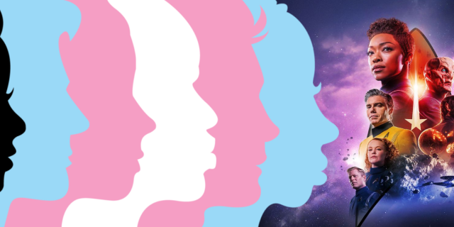 A collage of profiles in the color of the trans pride flag photoshopped over the "Star Trek: Discovery" poster.
