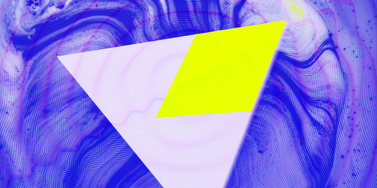 An abstract rendering of a pale lavender triangle with a neon green shape embedded in it rotating through a background of rippled blue and purple