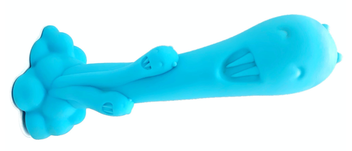 a bright blue dildo with a larger alien face and two smaller smiling alien faces