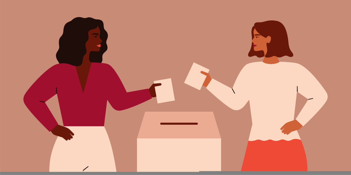 a cartoon of two women, one black and one white, about to put their ballots in a box
