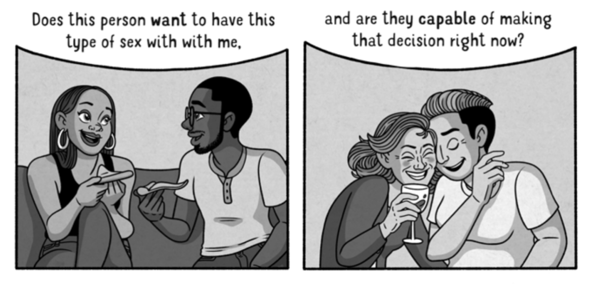 Two couples are pictured, eating pizza and laughing over a glass of wine respectively; text above them reads "Does this person want to have this type of sex with me, and are they capable of making that decision right now?"