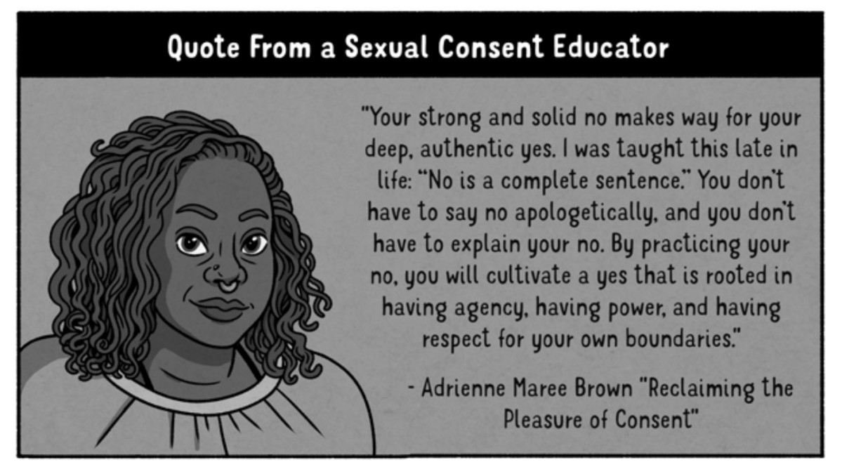 An illustrated portrait of a Black woman with a soft smile and wavy locs is featured next to a Quote from a Sexual Consent Educator: "Your strong and solid no makes way for your deep, authentic yes. I was taught this late in life: "No is a complete sentence." You don't have to say no apologetically, and you don't have to explain your no. By practicing your no, you will cultivate a yes that is rooted in having agency, having power, and having respect for your own boundaries." -- Reclaiming the Pleasure of Consent, Adrienne Maree Brown