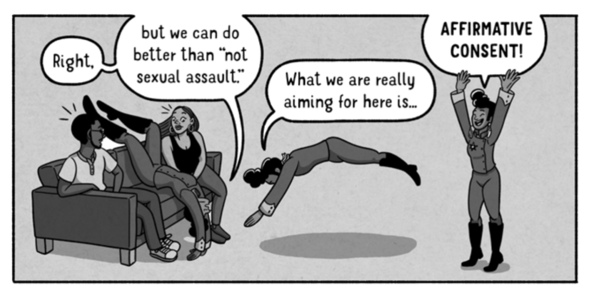 A figure in a jumpsuit wearing a pompadour and fancy boots somersaults onto a couch between two people, saying as they do so "Right, but we can do better than "not sexual assault." What we are really aiming for here is... AFFIRMATIVE CONSENT!"