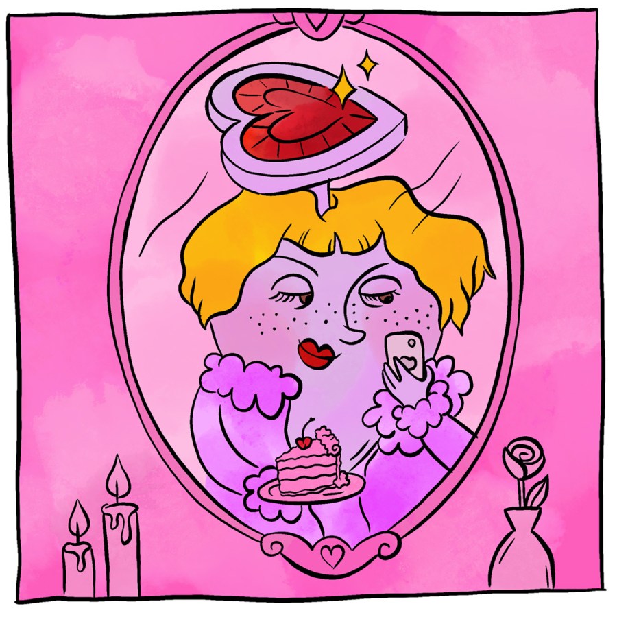 Illustration of an anthropomorphized Beyond Anal plug, who is looking in the mirror, adorned in a fluffy robe and holding a piece of cake.