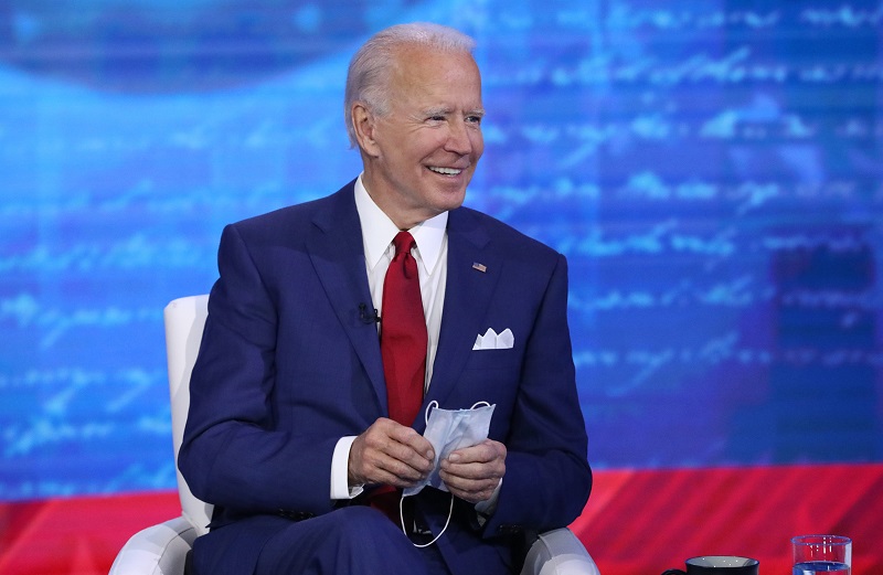 Joe Biden shows off his mask during his town hall event, "The Vice President and the People."