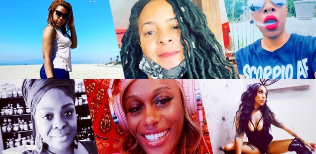 A six-split diagonal collage featuring six different "modern" Black witches working to dismantle white supremacy and fight racist cops: Mama Sunfiyahh, JujuBae. Bri Luna (The Hoodwitch), Fredericka Turner (Conjuria), Tayannah Lee Mcquillar. And Soulangie Leeper (Òrìsà Child)