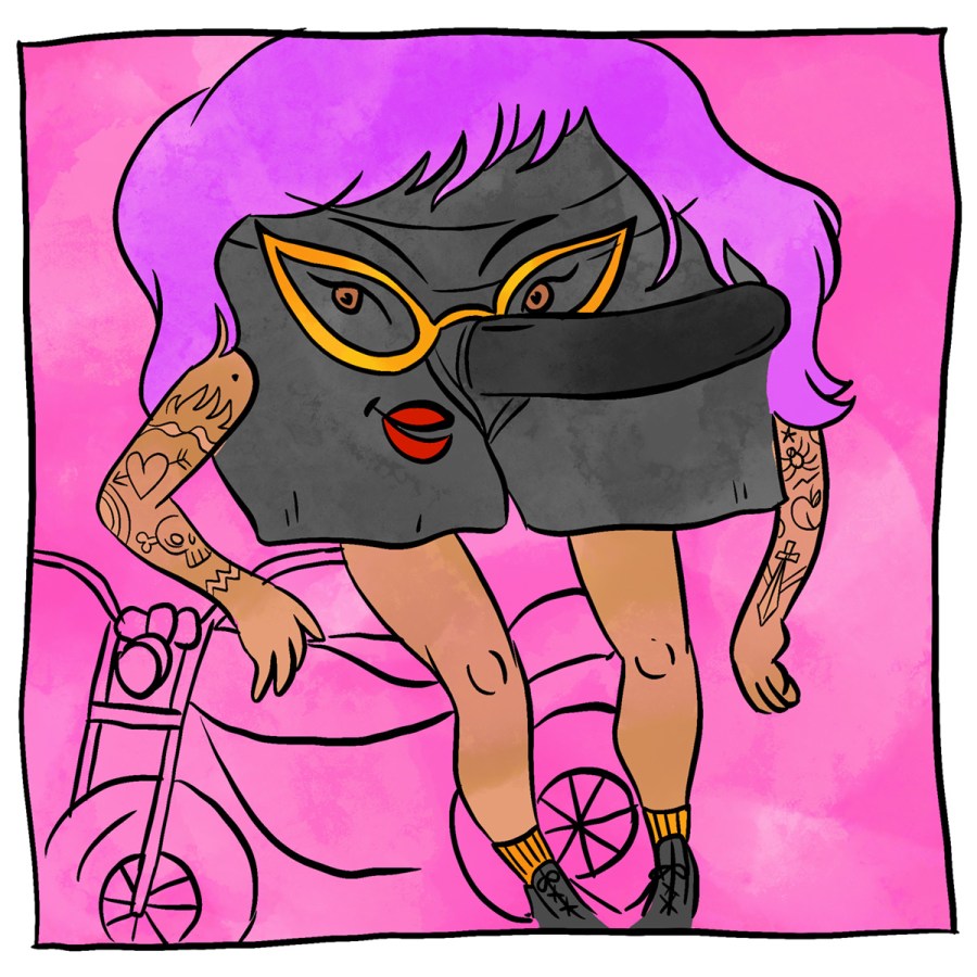 Illustration of an anthropomorphized Boxer Harness and Dildo, leaning against a motorcycle. she's got tattoos and a cool purple hairdo.