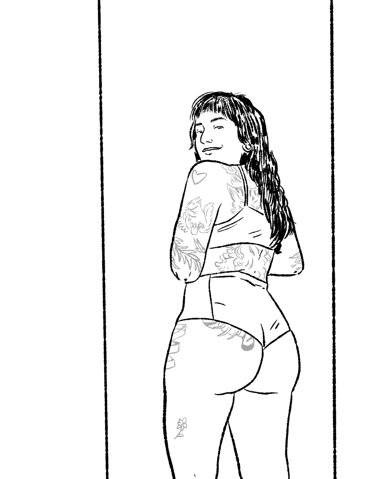 A long-haired person with tattoos and wearing lingerie that shows off their butt looks over their shoulder at you.
