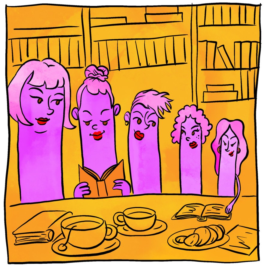 Illustration of an anthropomorphized poly family of Strap On Dialators who are at the dinner table, shelves of books behind them.