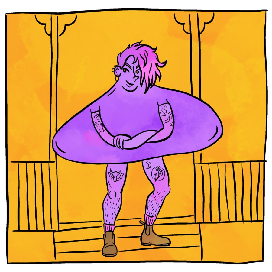 Illustration of an anthropomorphized Enby toy, standing on their front porch with their arms crossed, with an asymmetrical pink haircut and confident expression.