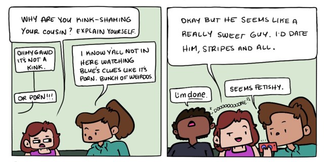 Dickens and their friends discuss their attraction for a certain child's television star, but who it is remains a mystery... for now.. (Three hand drawn characters of color talking against a green background in a two panel comic)