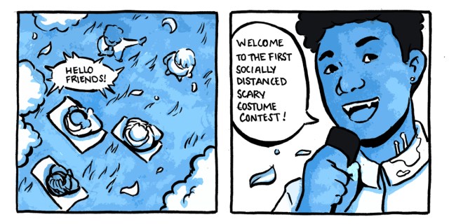 A two-panel drawn comic in blue hues. In int the Lakeview Crew spreads out 6ft apart on a blanket. A queer with vampire teeth takes a microphone and welcomes everyone to the first socially distanced scary costume contest!