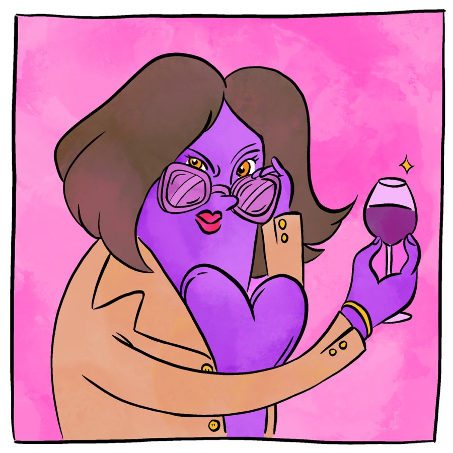 Illustration of an anthropomorphized heart vibe wearing a blazer and oversized sunglasses, holding a full glass of red wine.