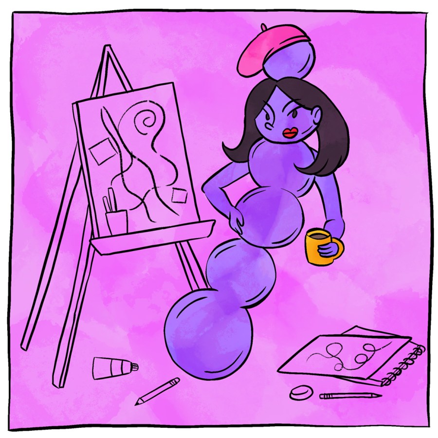 Illustration of an anthropomorphized Planet's Glass Dildo, who is an artist, standing in front of her easel. She's got on a beret and a cocky expression as she drinks her black coffee.