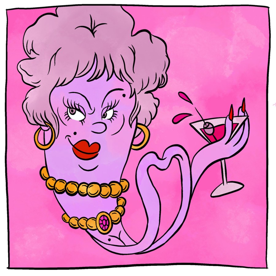 Illustration of an anthropomorphized Rockher toy, who is wearing expensive jewelry and holding a martini.