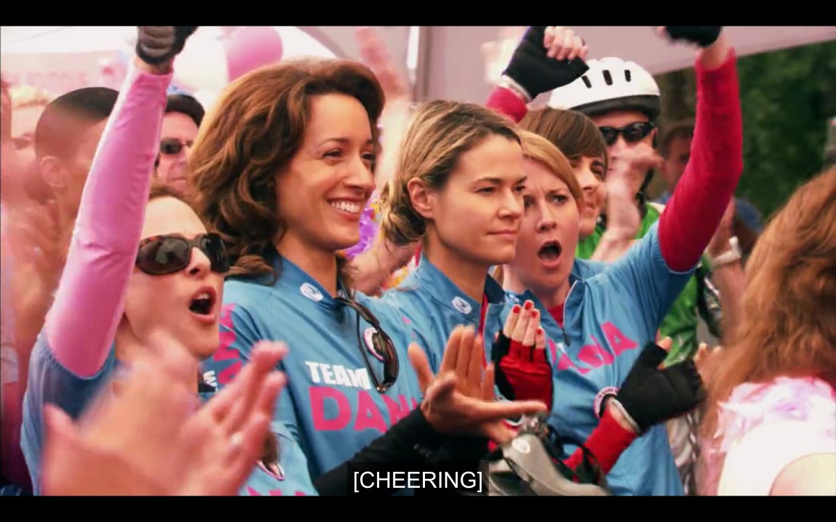 main L Word characters cheering at the start of the Pink Ride