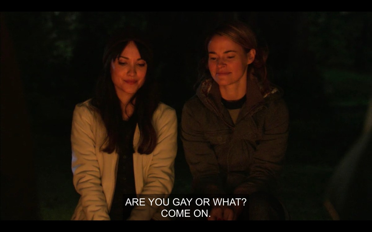 Alice and Adele at campfire, Alice asking Adele if she is "gay or what"
