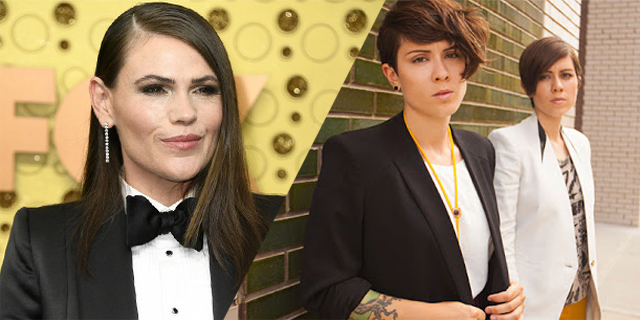 A two-fold collage with Clea DuVall in a tuxedo on one side and Tegan and Sara in matching suits on the other.