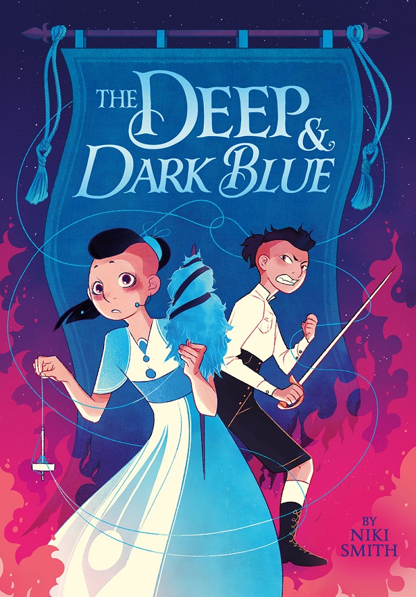 The cover for The Deep & Dark Blue features two stylized illustrated figures in the foreground, one in a dress holding a pendant and a dress figure, and one in the background wearing a shirt and pants and grimacing holding a sword.