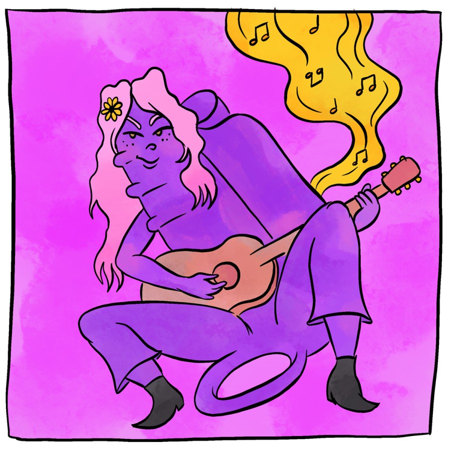 Illustration of an anthropomorphized Wowher Clit Ring, who is a hot musician crouching down and strumming her guitar.