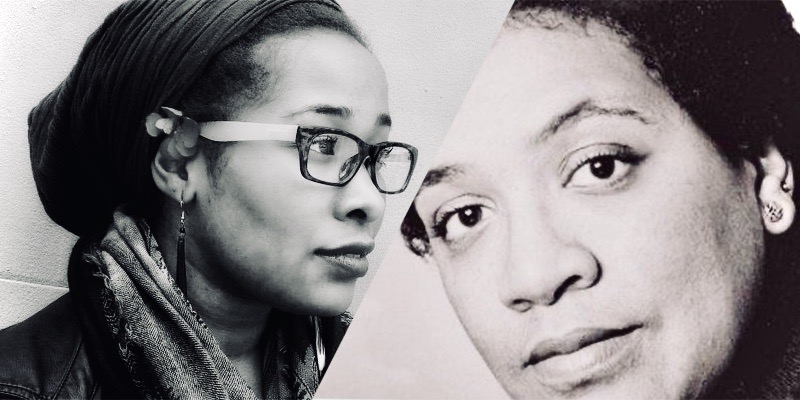 A black-and-white two fold collage. On the left is a close up photo of Jehan, the writer. On the right is a similarly close up photo of Audre Lorde.