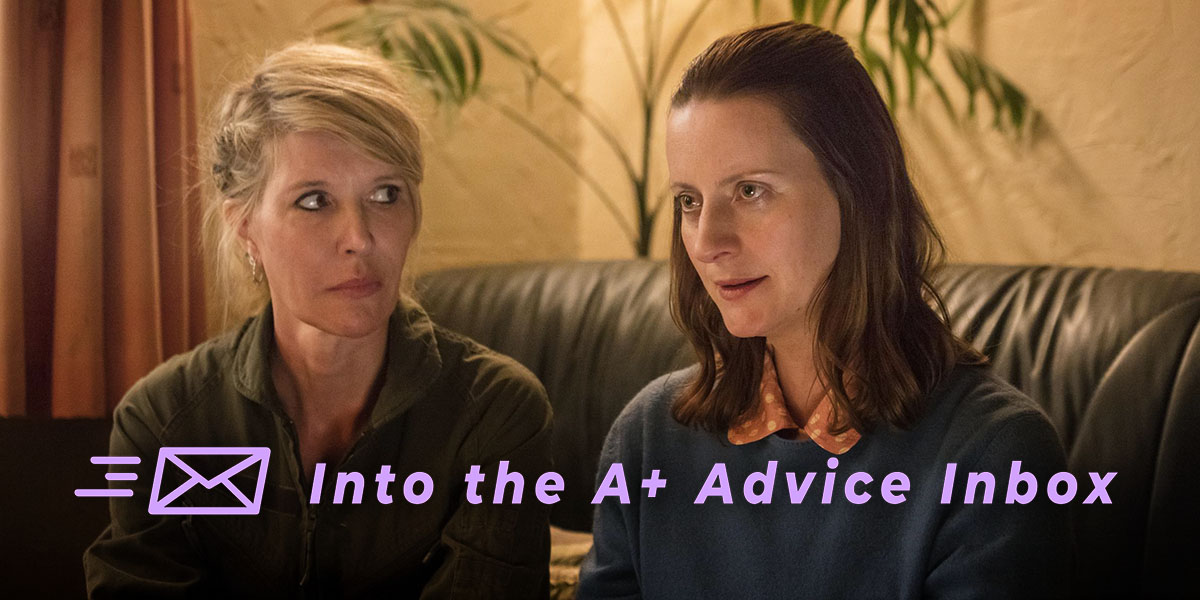 Sally and Emma from Sally4Ever are sitting on a couch receiving therapy. The text reads "Into the A+ Advice Box"