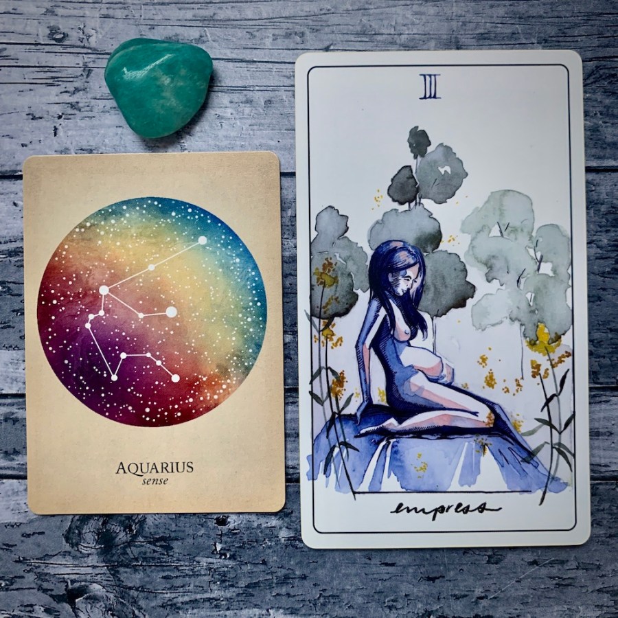 the Aquarius card from the Constellations deck and the Strength card