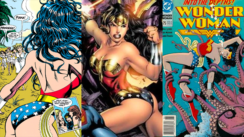 A collage of images of Wonder Woman in the "broke back" pose. 