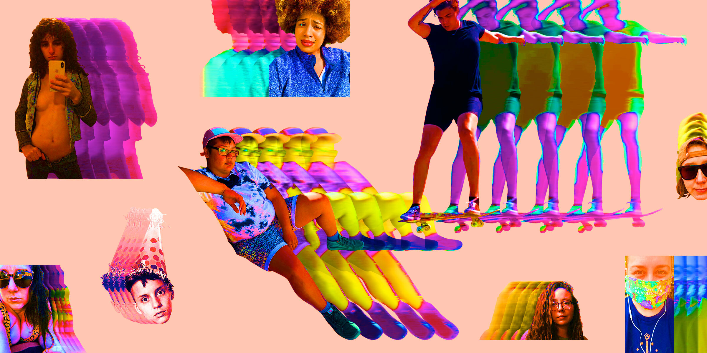 a collage of 9 queer heads and bodies scattered across a peach background looking HOTT. all of these figures are posing to show off their current best iteration of themselves. the graphic style includes filters to that make all of the colors look brighter and deeper, and every figure has several versions of the same photo, stacked into a blur behind them.