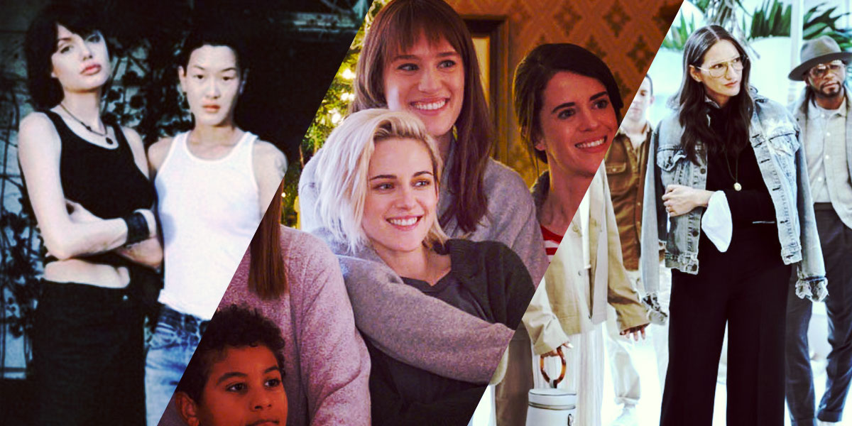 3-image feature: young Angelina Jolie + Jenny Shimizu in Foxfire, Kristen Stewart in 'The Happiest Season' and Jenna Lyons in her new reality show