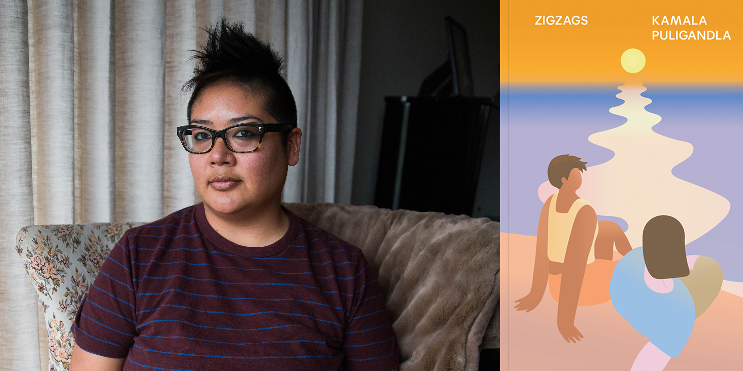 headshot of kamala puligandla sitting in an arm chair with an inviting but stern look on her face. she wears glasses and has a mohawk and is wearing a maroon t shirt. her image is beside the cover of her novel, Zigzags. the cover is a graphic that features two queer women lounging beside Lake Michigan as the sun sets into the purple water.