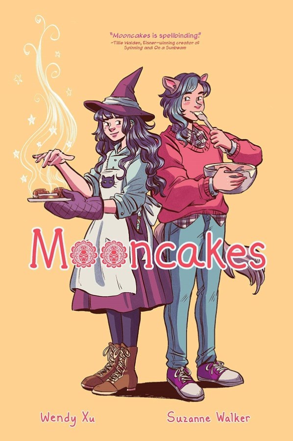 Cover image for MOONCAKES, featuring two figues, one with long hair wearing a witch hat and outfit and holding a steaming plate of treats, and one with cat ears and wearing a sweatshirt and jeans licking a baking bowl