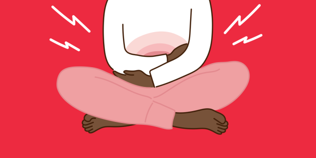 a cartoon image of a person experiencing pain in their uterus on a red background
