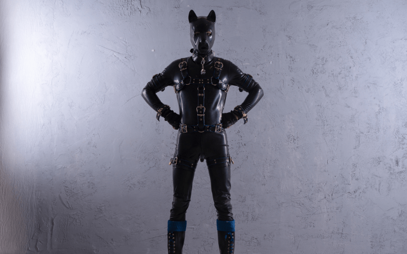 A person in a leather and rubber puppy suit stands with hands on their hips.
