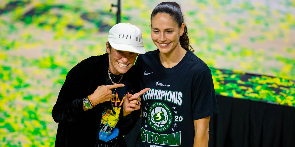 Sue Bird and Megan Rapinoe celebrate the Seattle Storm's 2020 WNBA Championship.