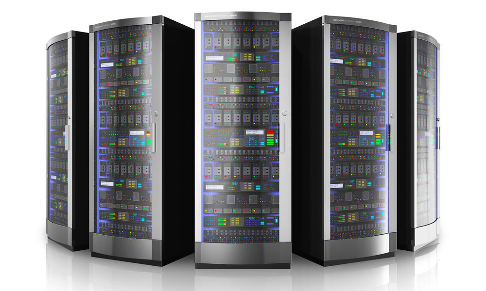 A towering set of computer servers with blinking lights and indicators