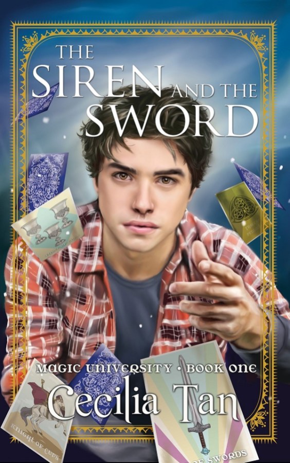 The cover image for The Siren and the Sword features a photorealistic portrait of a teen boy leaning in toward the camera with tarot cards floating through the air and toward the viewer around his body
