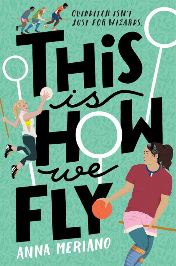Cover image of THIS IS HOW WE FLY, featuring several illustrated figures flying on broomsticks with Quidditch goals in the background against a teal color field