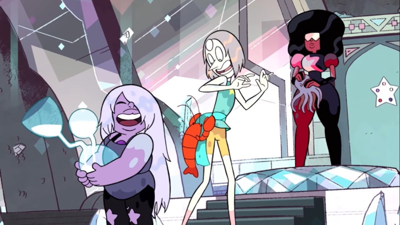 amethyst and garnet with pearl who has a lobster on her butt 