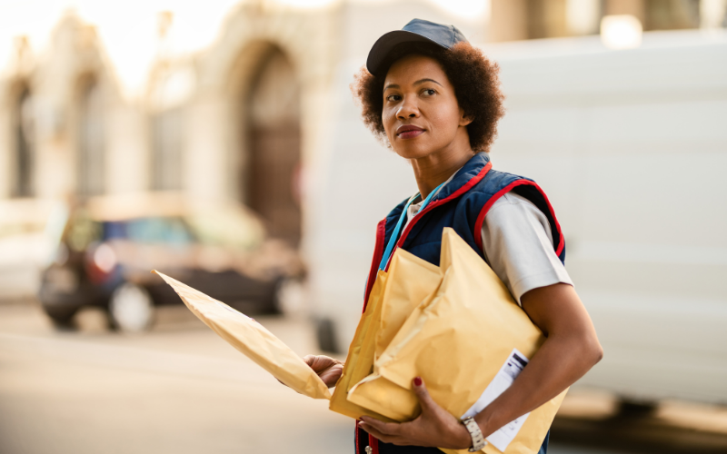 A woman in a postal uniform holds packages.