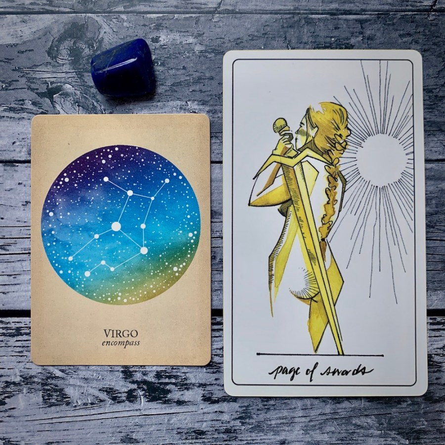 the Virgo card from the Constellations deck and the Page of Swords card